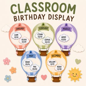 Op de afbeelding: Een verjaardagskalender voor in de klas met vijf heteluchtballon-uitsparingen in perzik, groen, paars, blauw en geel. Elke ballon is gelabeld met een maand en bevat wolk-vormige naamkaartjes met datums, bloemen, hartjes en een zon.
