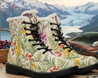 Botas con estampado floral de helechos y bayas / Botas de cuero forradas de piel