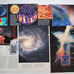May include: A collection of printed educational pages featuring astronomical imagery, including a spiral galaxy, a solar surface diagram, a quasar illustration, and a black hole schematic with text titled Icy Probe Into Dark Secrets and Quasar.