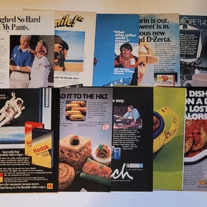 May include: A collection of vintage magazine advertisements featuring various products including Kodak video tape, Oscar Mayer meat products, D-Zerta dessert, and automotive parts, displayed in a grid layout with colorful text and imagery.
