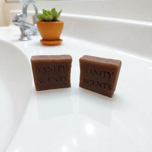 May include: Two brown square soaps with the text "VANITY SCENTS" embossed on the front. The soaps are on a white surface, with a small orange pot with a green plant in the background.