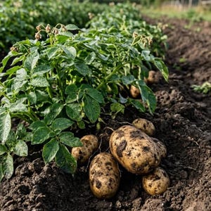 May include: A close-up shot of freshly harvested potatoes in a field. The potatoes are a light brown color, covered in soil, and surrounded by green leafy plants. The image captures the essence of a bountiful harvest.