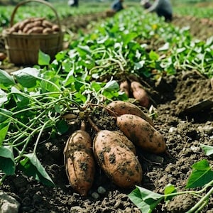 Puede incluir: Una escena de campo con batatas recién cosechadas. Varias batatas, cubiertas de tierra, están agrupadas en primer plano. Una cesta de mimbre llena de batatas se encuentra en el fondo, junto con vides verdes y trabajadores.