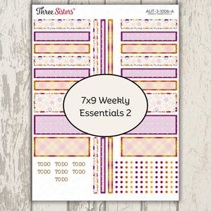 May include: A sticker sheet labeled Three Sisters AUT-3-1006-A Weekly Essentials 2 featuring various rectangular strips, thin borders, and circular dots in shades of purple, orange, and floral patterns, with the text TO DO repeated seven times.