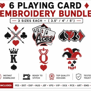 Casino Card Embroidery Design Set - 6 Poker & Card Patches