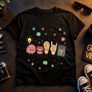 Peut inclure: Un t-shirt noir à manches courtes avec une impression graphique colorée représentant un cerveau, une bouche, une oreille, une main faisant un geste rock-and-roll et une tablette, entourés de petites étoiles et de bulles de dialogue.