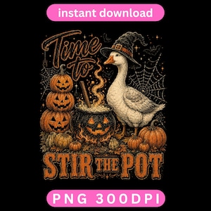 Peut inclure: Une illustration graphique montrant une oie blanche portant un chapeau de sorcière noir à côté d'un chaudron noir et de citrouilles d'Halloween orange. Le texte indique Time to STIR THE POT. Le fond présente des toiles d'araignée.