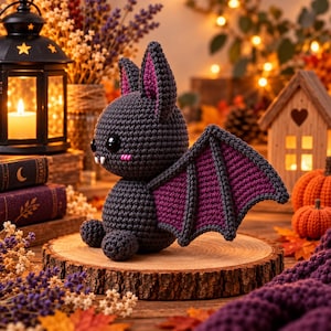 Peut inclure: Un jouet chauve-souris en crochet gris foncé avec de grands yeux noirs, de petites crocs blancs et des marques de blush rose sur les joues. La chauve-souris a des oreilles pointues avec des détails violets et de grandes ailes déployées.