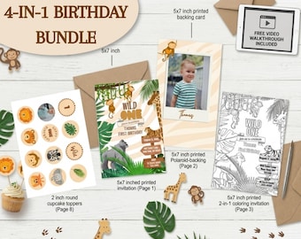 Paquete de invitaciones de cumpleaños con temática de la jungla "Wild One", invitación con foto de animales de safari (descarga digital)