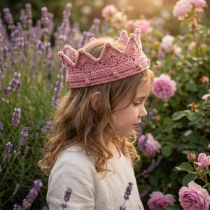 May include: A dusty pink crocheted crown featuring a pointed, scalloped top edge and a textured, knit-like band. The crown is constructed with a series of small, raised bobble details along the base and a consistent, uniform yarn stitch pattern.