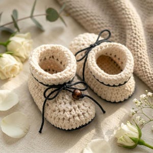 Könnte beinhalten: Ein Paar cremefarbene gehäkelte Babyschuhe mit strukturiertem Strickmuster, einem dunkelbraunen Holzperlenakzent und dünnen schwarzen Schnürsenkeln, die um den Knöchel gebunden sind. Die Schuhe sind aus dickem, weichem Garn gefertigt.
