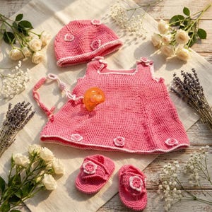 Könnte beinhalten: Ein gehäkeltes Baby-Set in Pink, bestehend aus einem ärmellosen Kleid, einer passenden Mütze und einem Paar Sandalen. Jedes Teil ist mit kleinen weißen Blumen verziert. Ein orangefarbener Schnuller mit weißer Schnur ist am Kleid befestigt.