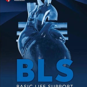 May include: A dark blue manual titled BLS Basic Life Support Provider Manual with the American Heart Association logo in the top left corner. The cover features a large, translucent, blue-toned anatomical illustration of a human heart.