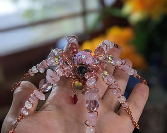 Beaded Spider Sculpture - "Roseweaver" - One‑of‑a‑Kind Collectible Oddity, Handmade Familiar, Modern Folk art.