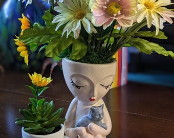 Lady Cat Sculpture Planter • Faux Floral Arrangement on Wood Base
