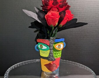 Colorful Face Vase with Red Roses Arrangement