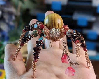 Beaded Spider Sculpture - "Crimson Snarepetal" - One‑of‑a‑Kind Collectible Oddity, Handmade Familiar, Modern Folk art.