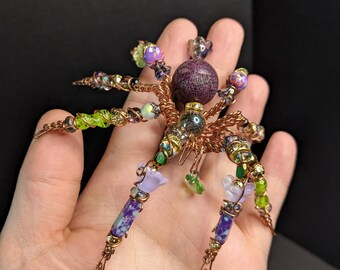 Beaded copper spider Sculpture - "Small bloom"  | One‑of‑a‑Kind Collectible Oddity, Handmade Familiar, Modern Curiosity Decor