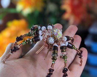 Beaded Spider Sculpture - "Mooncore" - One‑of‑a‑Kind Collectible Oddity, Handmade Familiar, Modern Folk art.