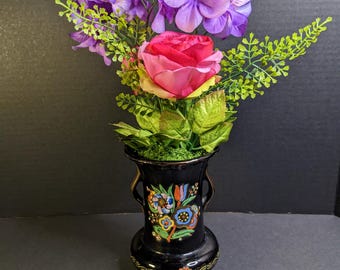 Hand painted Decorative Vase with Pink Rose & Purple Faux Florals – Vintage Style Home Decor