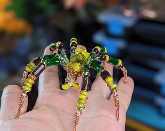 Beaded Spider Sculpture - "Grove-Runner " - One‑of‑a‑Kind Collectible Oddity, Handmade Familiar, Modern Folk art.
