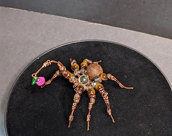 Beaded copper spider Sculpture - "lil barry"  | One‑of‑a‑Kind Collectible Oddity, Handmade Familiar, Modern Curiosity Decor