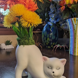 May include: A white ceramic cat-shaped planter in a stretching pose, featuring a smooth matte finish, pink-tinted ears, and painted black eyes and nose. The planter is filled with bright yellow dandelion-like flowers and green moss.