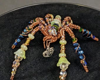 Beaded Spider Sculpture - " Charmcrawler" - One‑of‑a‑Kind Collectible Oddity, Handmade Familiar, Modern Folk art.