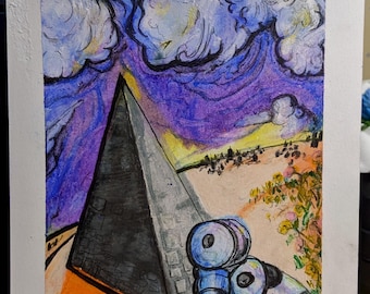 Surreal Pastel Art original – Pyramid, Robots, Dreamscape Illustration (6x8)