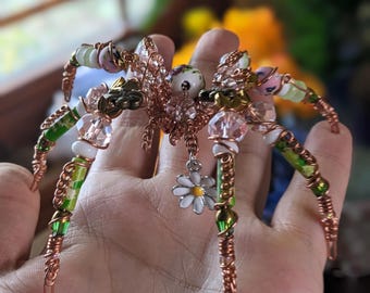 Beaded Spider Sculpture -"Daisy fieldling " - One‑of‑a‑Kind Collectible Oddity, Handmade Familiar, Modern Folk art.