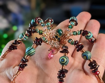 Beaded Spider Sculpture - "Gemstripe copperling " - One‑of‑a‑Kind Collectible Oddity, Handmade Familiar, Modern Folk art.