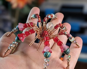 Beaded Spider Sculpture - "Noelbright Wanderer" - One‑of‑a‑Kind Collectible Oddity, Handmade Familiar, Modern Folk art.