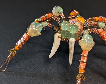 Beaded copper spider Sculpture - "FLW"  | One‑of‑a‑Kind Collectible Oddity, Handmade Familiar, Modern Curiosity Decor