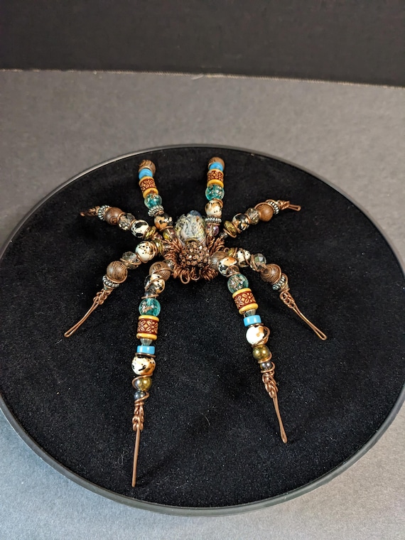 Beaded copper spider Sculpture - "Woody"  | One‑of‑a‑Kind Collectible Oddity, Handmade Familiar, Modern Curios