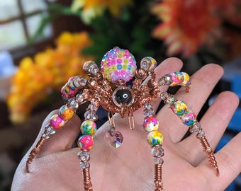 Beaded Spider Sculpture - "Auric Dyestrider " - One‑of‑a‑Kind Collectible Oddity, Handmade Familiar, Modern Folk art.