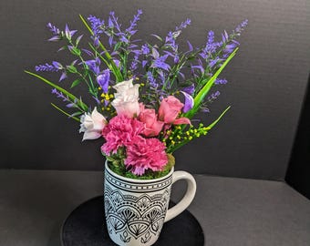 Pink and Purple Faux Flower Arrangement in Decorative Patterned Mug