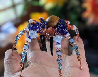 Beaded Spider Sculpture - "Day’s‑End Woodling " - One‑of‑a‑Kind Collectible Oddity, Handmade Familiar, Modern Folk art.
