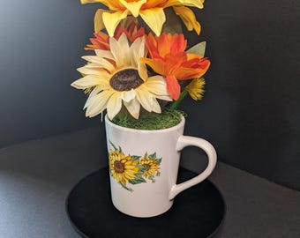 Sunflower Mug Flower Arrangement • Bright Faux Floral Desk or Kitchen Decor