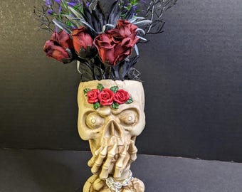 Cute Creepy Skull Planter with Red Roses and Lavender Stems - Halloween decor
