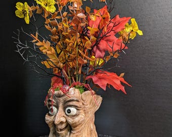 Autumn Tree Spirit Planter with Fall Foliage and Handmade Wire Spider