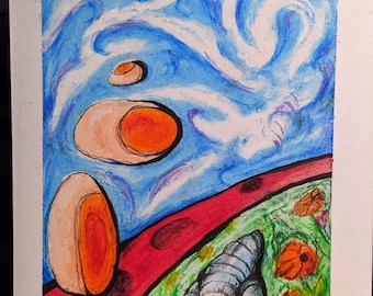 Surreal Pastel Art Drawing – Curious Orchard Illustration (6x8)