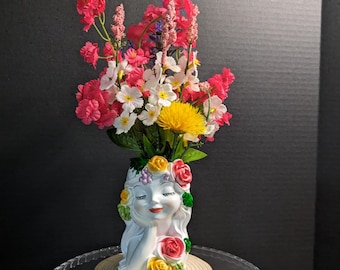 Daydreamer • Floral Face Vase Bloom Sculpture • Mounted 3D‑Printed Planter on Wood Base • Faux Dahlia Arrangement