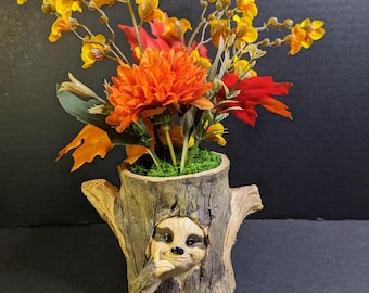 Faux Fall Bouquet in Sloth Tree Stump Pot, Rustic Woodland Accent