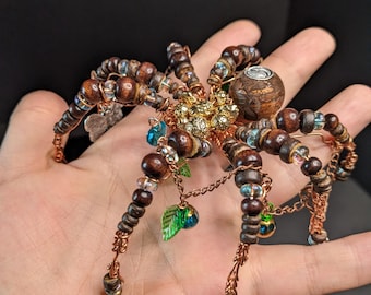 Beaded copper spider Sculpture - "Goldenberry Tetherling "  | One‑of‑a‑Kind Collectible Oddity, Handmade Familiar, Modern Curiosity Decor
