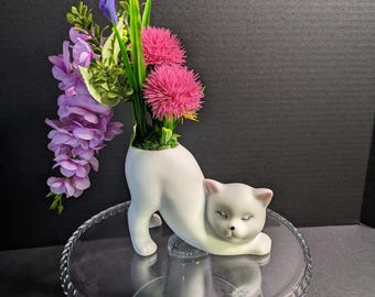Blooming Cat Planter • Cat Butt Vase • Faux Floral Arrangement • Cute Cat Decor