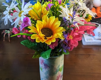Tie-Dye Ceramic Vase Arrangement • Faux Sunflowers, Daisies, Pastels, Handmade Home Accent