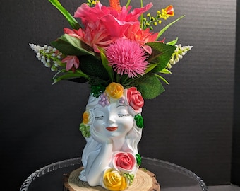 Daydreamin' • Floral Face Vase Bloom Sculpture • Mounted 3D‑Printed Planter on Wood Base • Faux Dahlia Arrangement