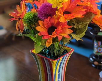 Upcycled Rainbow Stripe FTD Vase with Faux Citrus & Pom-Pom Blooms