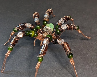 Beaded copper spider Sculpture - "Barkbite"  | One‑of‑a‑Kind Collectible Oddity, Handmade Familiar, Modern Curiosity Decor
