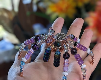 Beaded Spider Sculpture - "Violet pointer   " - One‑of‑a‑Kind Collectible Oddity, Handmade Familiar, Modern Folk art.